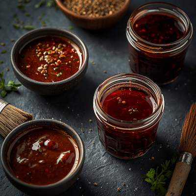 reddish brown marinadesin glass containers with brushes in the image