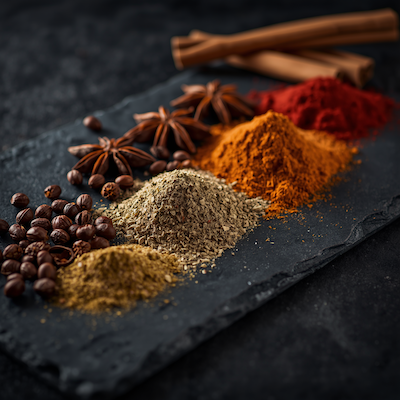 a mixture of spices lined up on a charcoal slate with cumin, star anise and cinnamon
